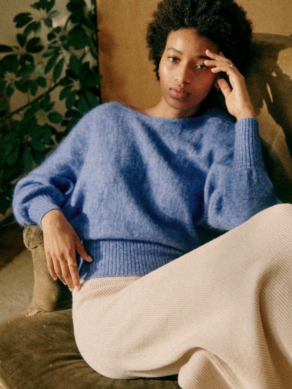 Sezane Gaby Mohair Blend Balloon Sleeve Sweater in Blue XS